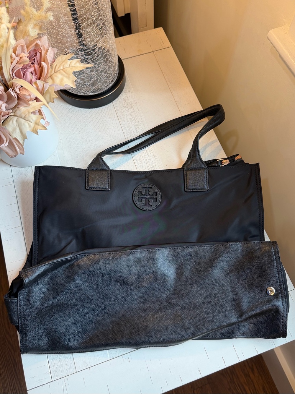 Tory Burch Black Nylon Tote with Leather Trim and Logo